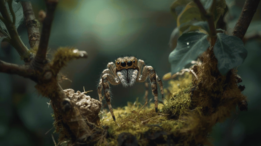 Regal jumping spider exploring an arboreal habitat with branches, leaves, and moss in a realistic forest setting