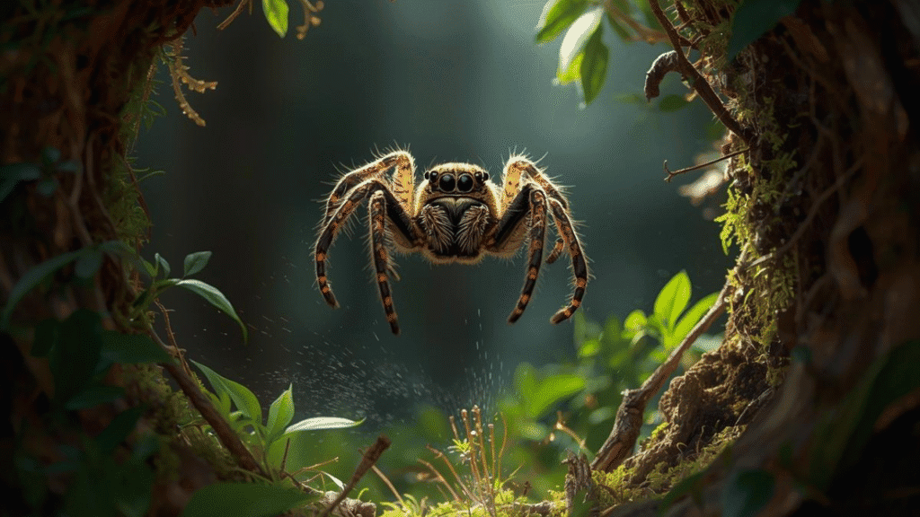 Bold Jumping Spider exploring arboreal habitat with branches and leaves