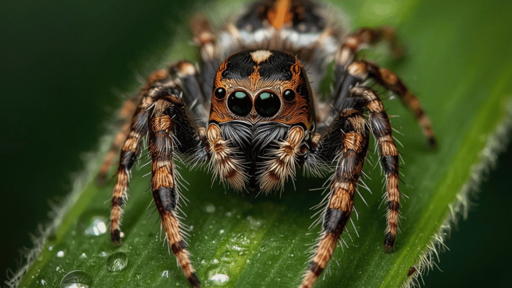 Johnson's Jumping Spider resting on leaf in natural habitat.
