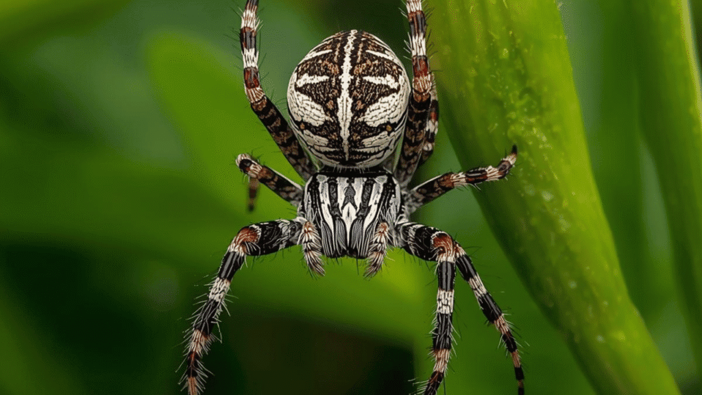 Zebra Jumping Spider leaping between leaves, showing black-and-white stripes and agile movement in natural light.