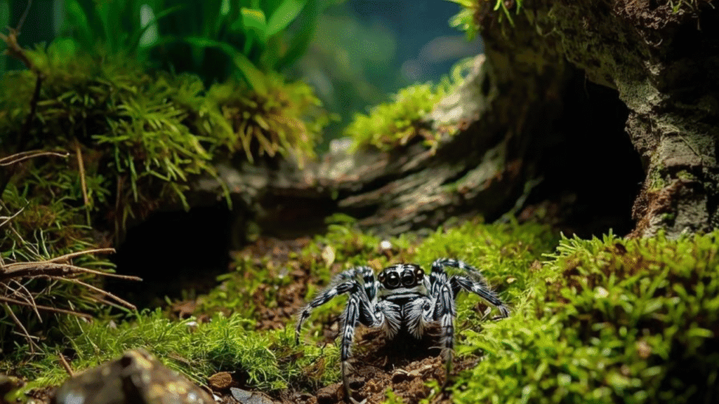 Zebra Jumping Spider in a beginner-friendly terrarium with moss, climbing surfaces, and hiding spots, showing a realistic habitat in natural light