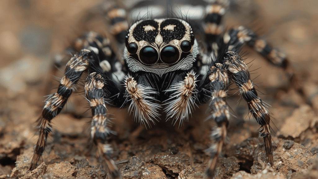 Close-up of a Zebra Jumping Spider with black-and-white stripes, alert and curious on a natural surface.
