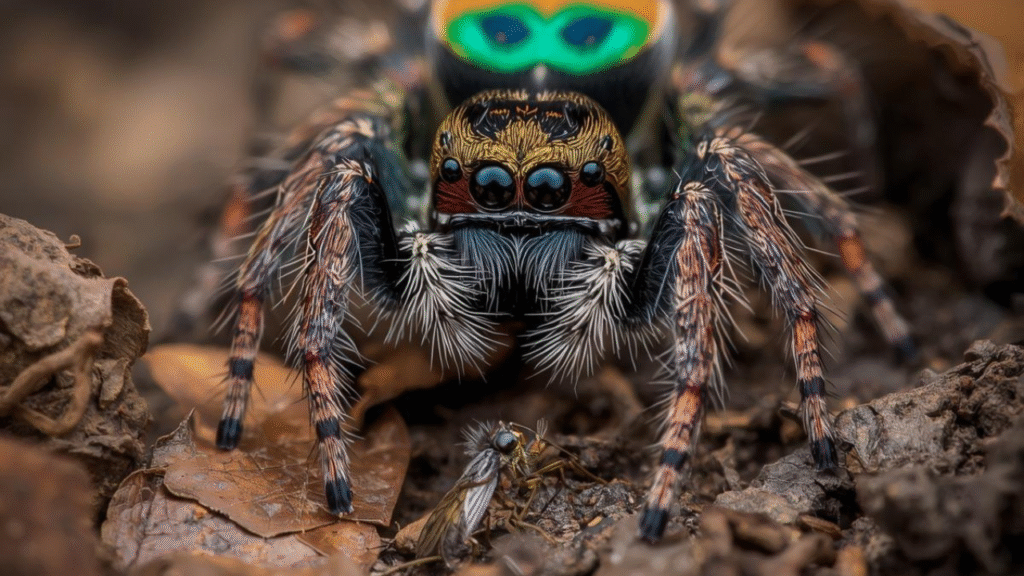 Peacock jumping spider hunting small insects with agility in its natural habitat.