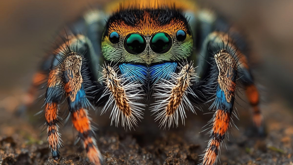Close-up of a colorful Peacock jumping spider on a natural surface