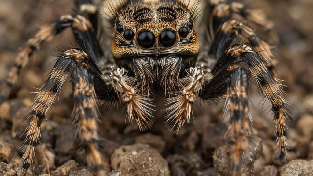 Fringed Jumping Spider jumping spider male and female on silk web with female near egg sac