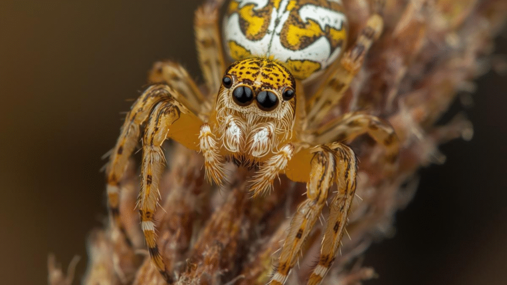 Female Evarcha arcuata jumping spider with yellow-brown cephalothorax, chevron-like markings on the opisthosoma, on a heathland plant