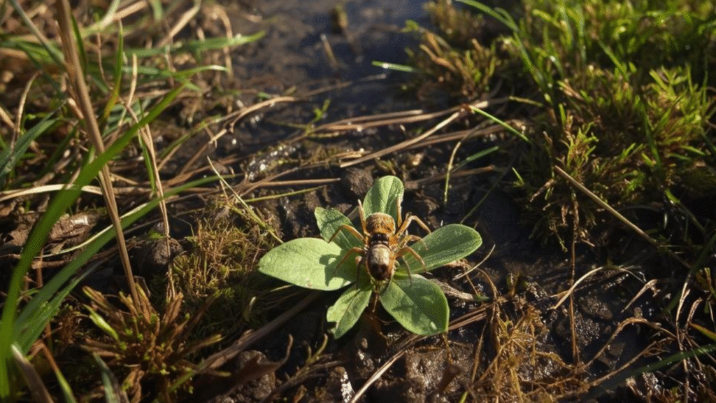 Evarcha arcuata jumping spider in heathland habitat with damp areas, bogs, and low shrubs, showing natural hunting environment