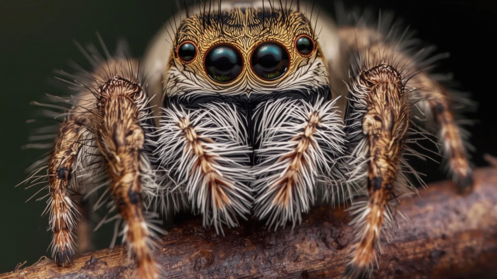 Close-up of a Fringed Jumping Spider (Portia fimbriata) showing its large eyes and sensory hairs, perched on a branch in its natural habitat