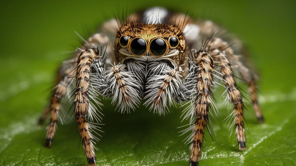 Fringed Jumping Spider jumping spider on a leaf with sharp eyes and agile stance