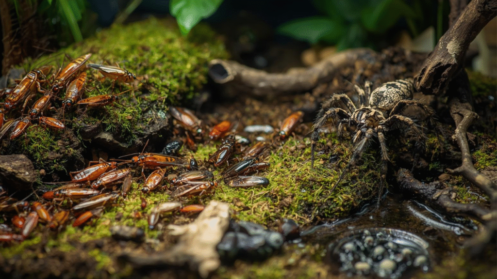 Live prey for a pet jumping spider in a terrarium with moss, leaves, water, and healthy Jumping Spider Food.