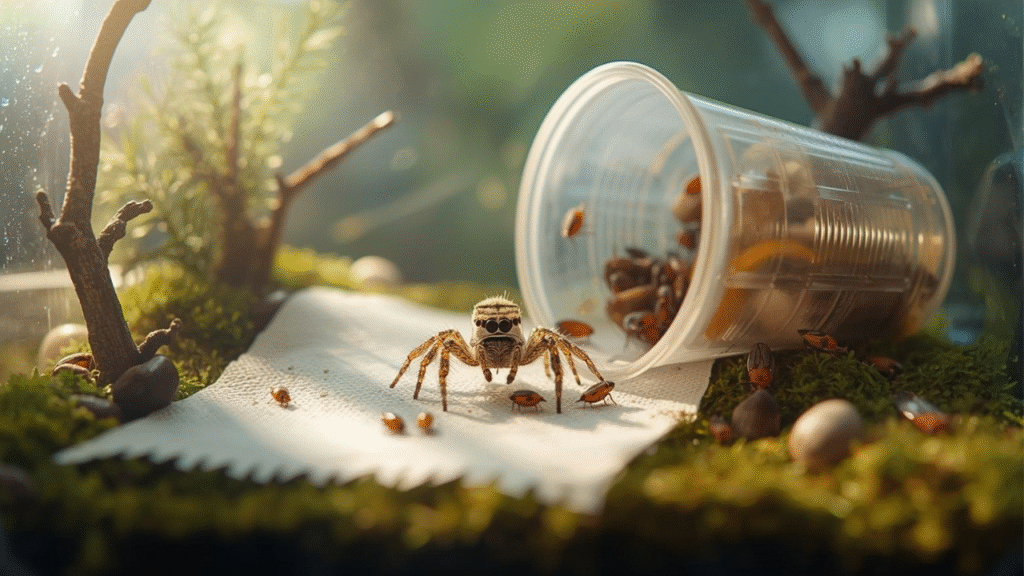 Baby jumping spider feeding on fruit flies in a small terrarium  a perfect example of healthy Jumping Spider Food in a natural, well lit habitat