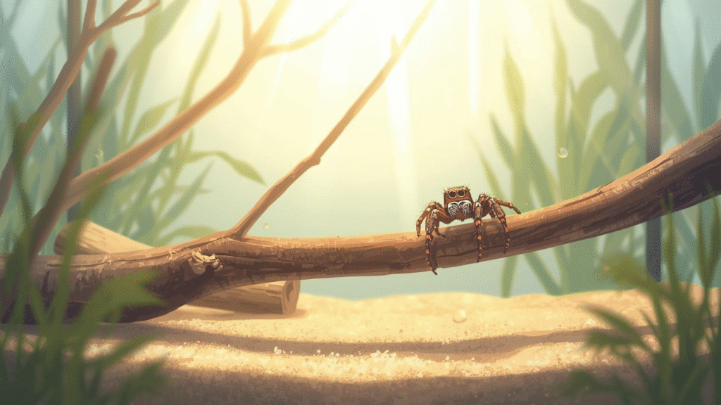 Healthy adult jumping spider resting on a branch inside a clean, well-lit terrarium, symbolizing proper care, calm environment, and long lifespan.