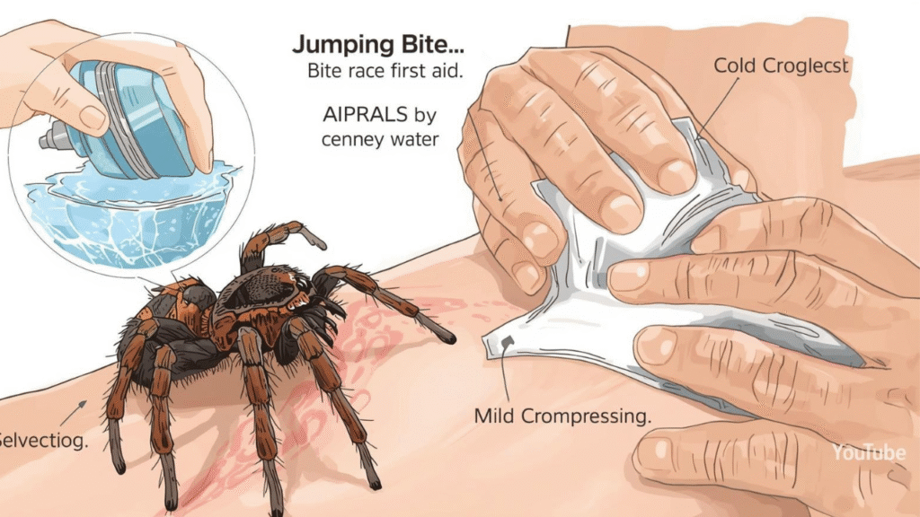 First aid for a jumping spider bite showing cleaning the bite area with water, applying a cold compress, and mild swelling on human skin