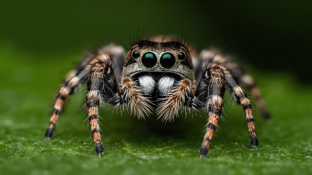 Close-up of a daring jumping spider (Phidippus audax) on a leaf, showing its eyes, legs, and body markings in its natural habitat.