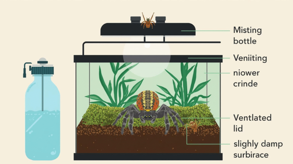 Terrarium setup showing the correct humidity level for jumping spider with moist substrate, ventilation, live plants, and a misting bottle for proper care
