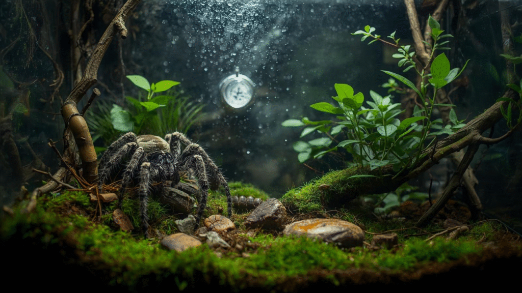 Clean spider terrarium showing the correct humidity level for jumping spider with hygrometer, moss, branches, and natural lighting for a healthy environment