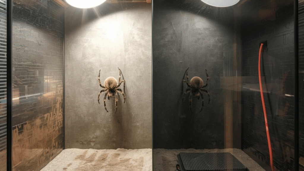 Indoor jumping spider enclosure with Jumping Spider Lighting using full-spectrum lamps, showing day and night cycles and a small heat pad, spider active inside