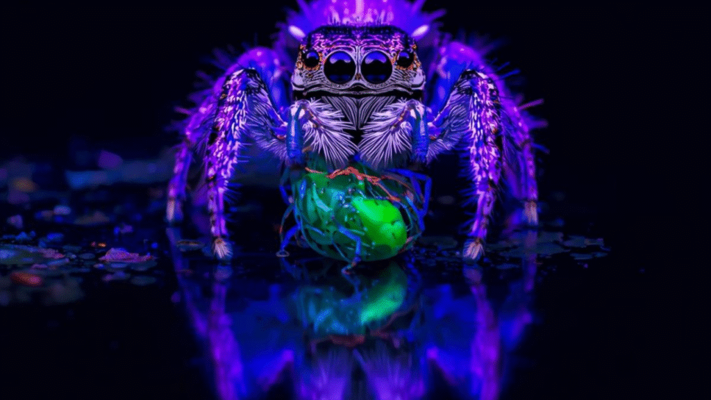 Jumping spider observing prey under UV-sensitive lighting, with vivid reflections on the prey, highlighting spider vision and hunting behavior.