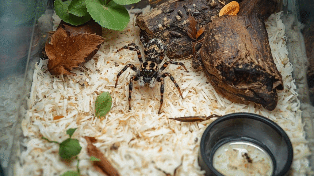 “Baby jumping spider in a safe habitat with coconut fiber, hiding spots, water dish, and prey, demonstrating proper Baby Jumping Spider Care.