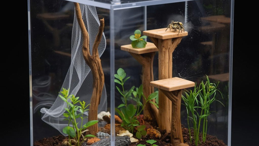 Mini 3x3x6 jumping spider enclosure with climbing sticks, fake plants, tulle, and wooden ledges, housing a small jumping spider safely
