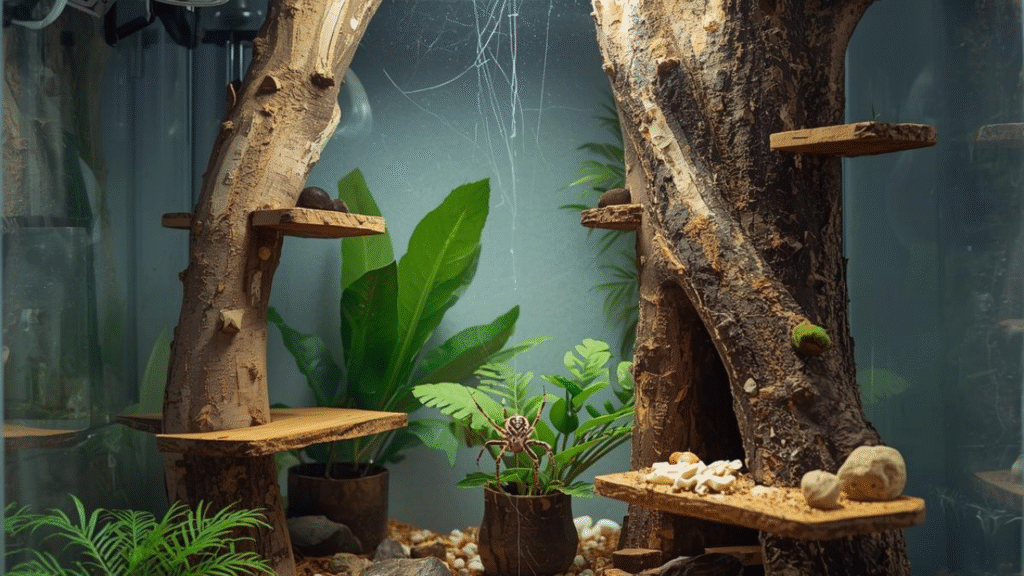 A healthy jumping spider in a well-designed Jumping Spider Enclosure with branches, cork bark, coconut husk, and proper lighting, climbing and exploring safely