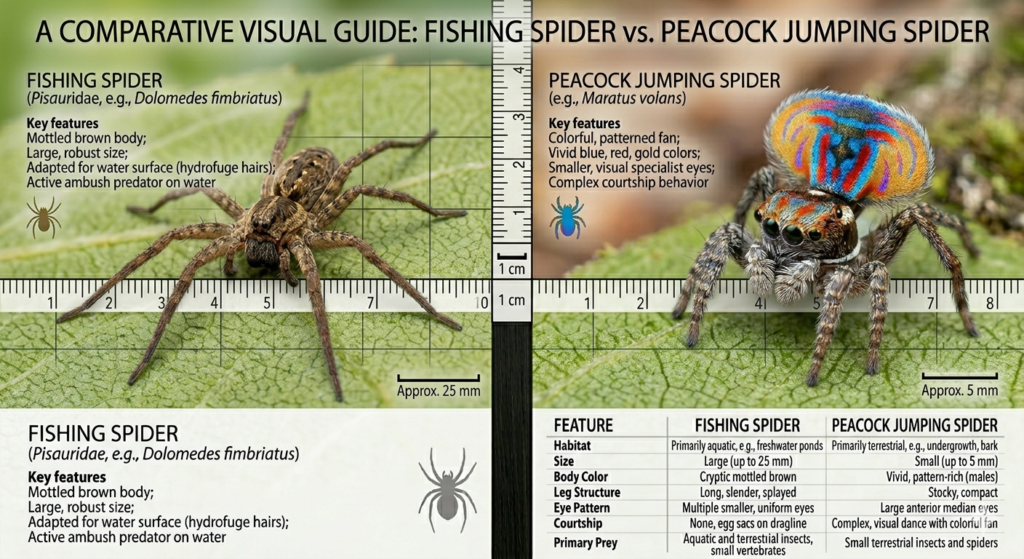 Fishing Spider vs Peacock Jumping Spider Guide 