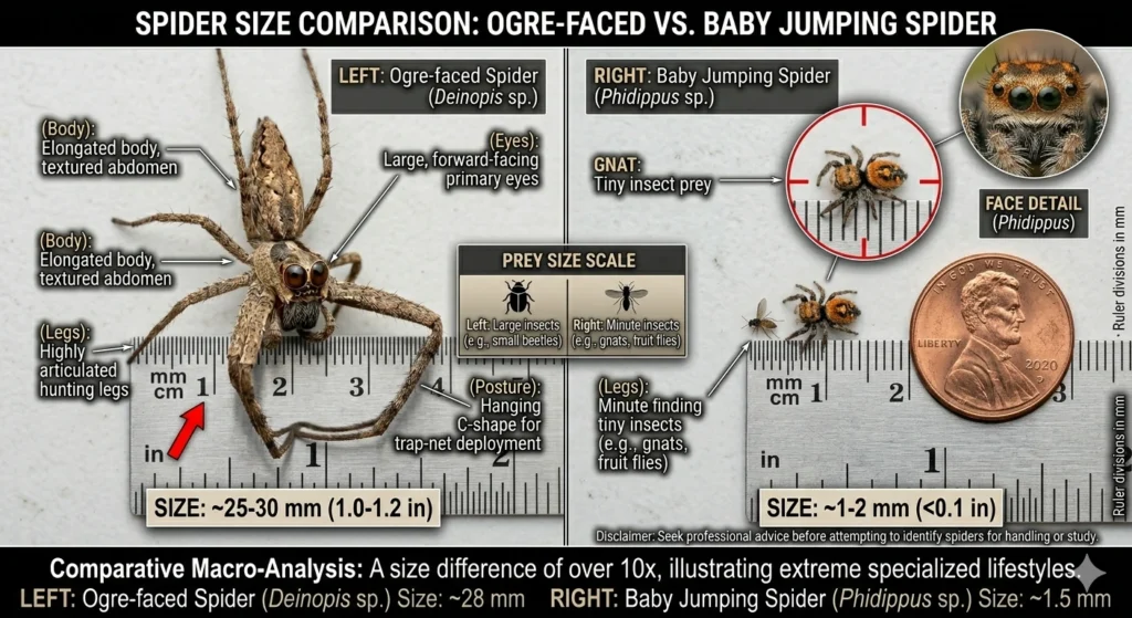 Orge Faced Spider vs Baby Twin Flagged Jumping Spider