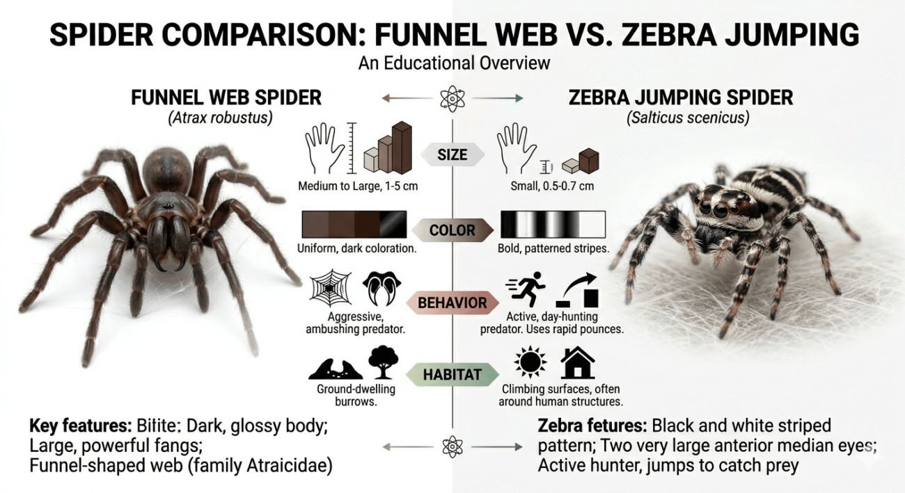 Funnel-Web Spider vs Zebra Jumping Spider Guide