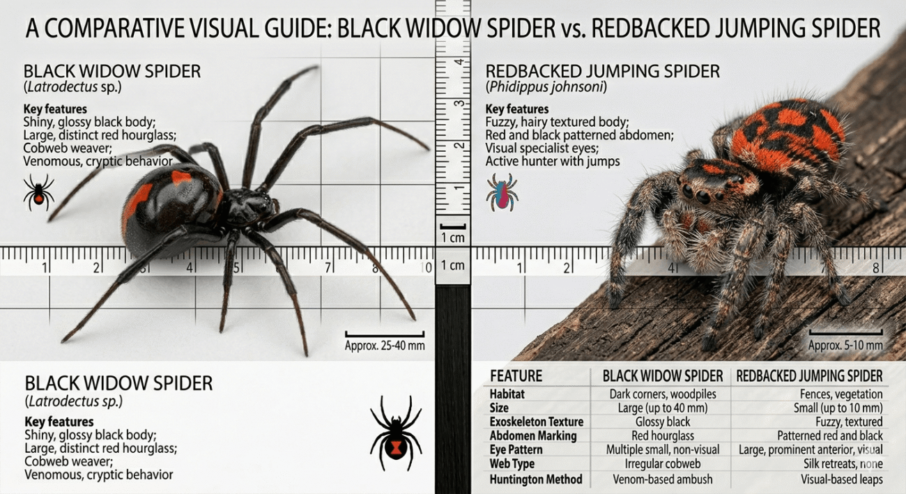 Black Widow vs Redbacked Jumping Spider Comparison