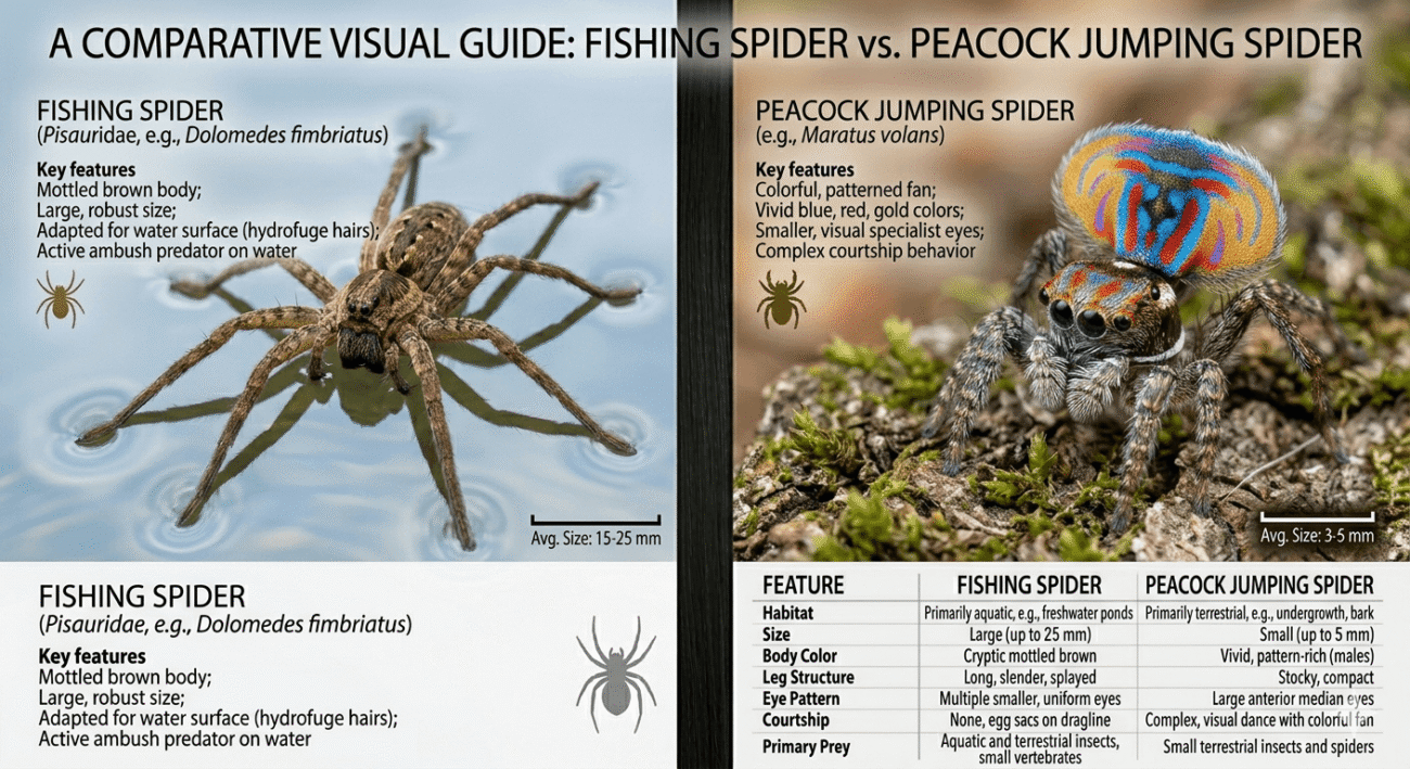Fishing Spider vs Peacock Jumping Spider Guide