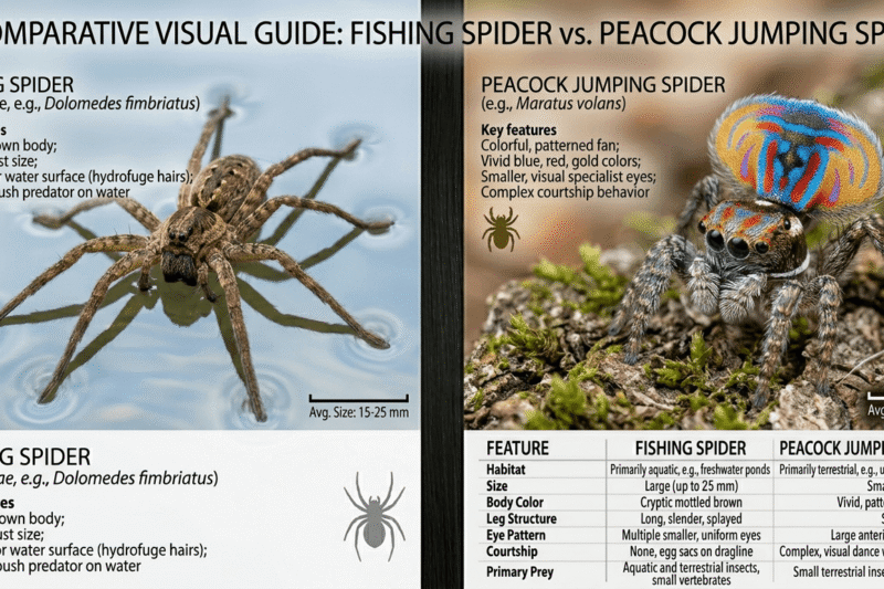 Fishing Spider vs Peacock Jumping Spider Guide
