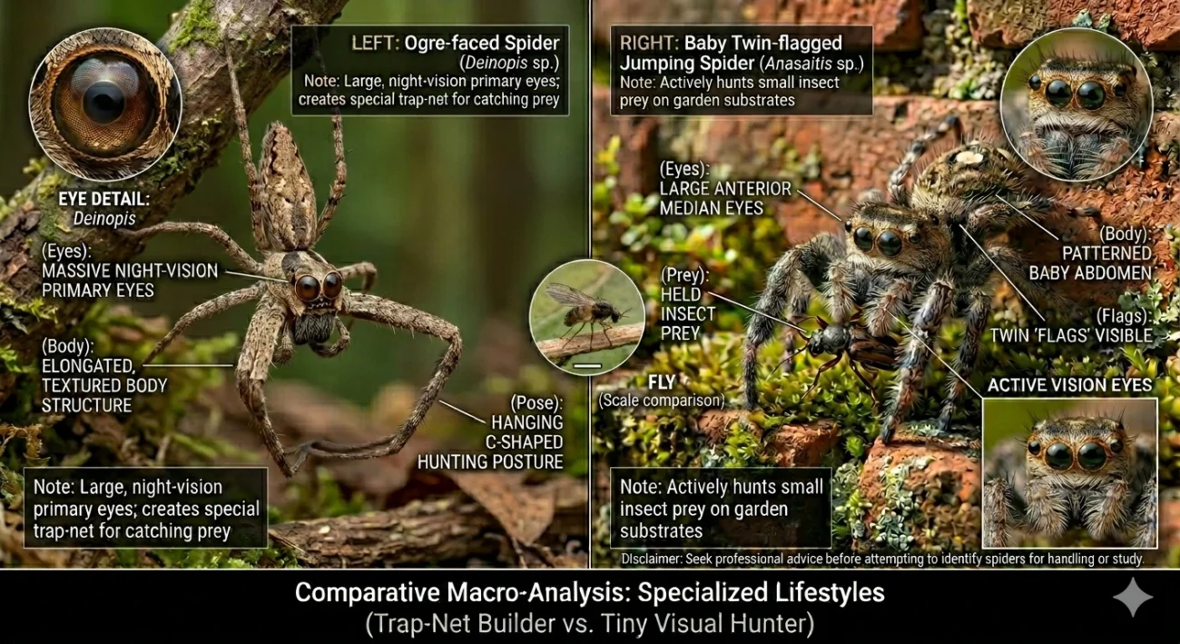 Orge Faced Spider vs Baby Twin Flagged Jumping Spider