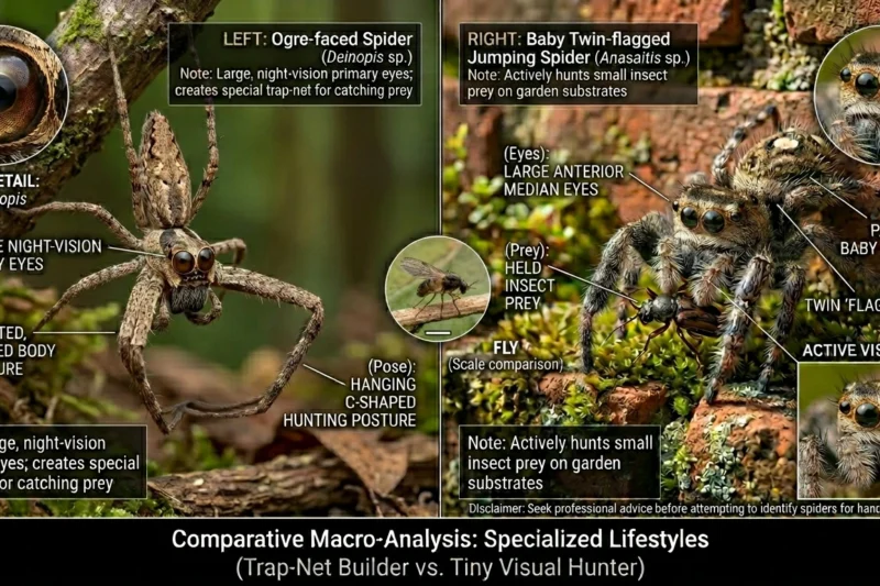 Orge Faced Spider vs Baby Twin Flagged Jumping Spider
